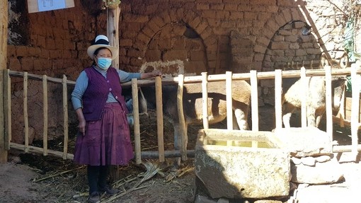 La señora Julia da la bienvenida al equipo a su nuevo refugio para burros, construido con el apoyo del proyecto CERF.