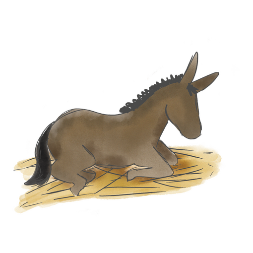 Una ilustración de un burro marrón acostado sobre heno.
