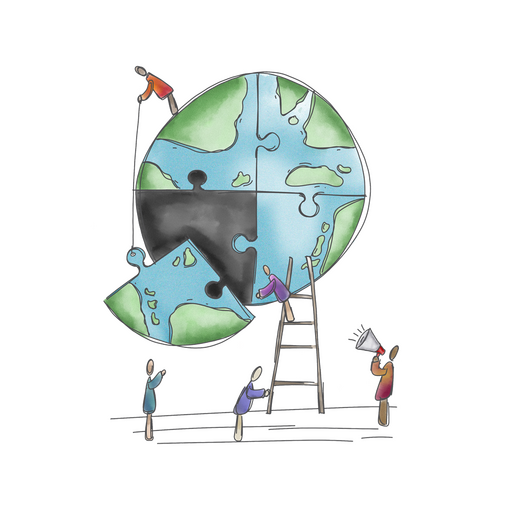  Una ilustración de un globo terráqueo dividido en cuatro piezas de rompecabezas, con la pieza inferior derecha colocada en su lugar por personas pequeñas.