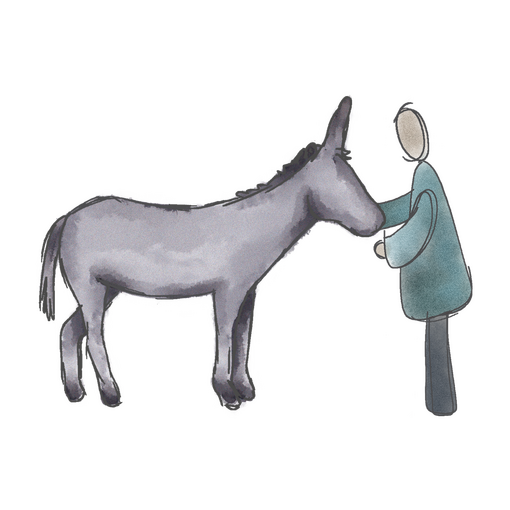 Una ilustración de una persona sosteniendo la cara de un burro gris.